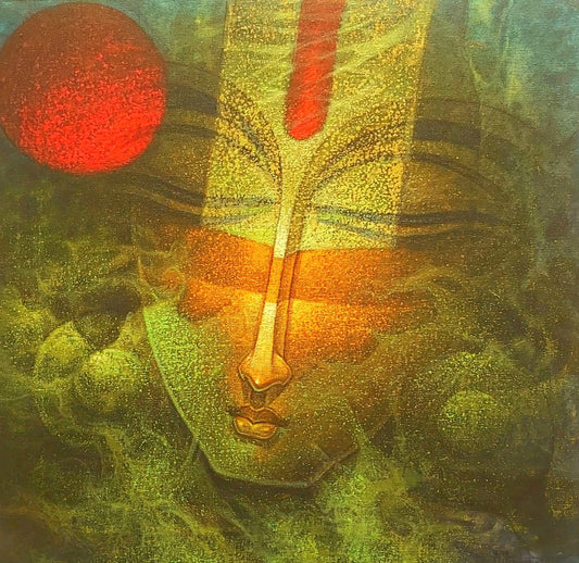 Cubism-influenced figurative acrylic painting of a stylized face with symbolic elements by Nityam Singha Roy