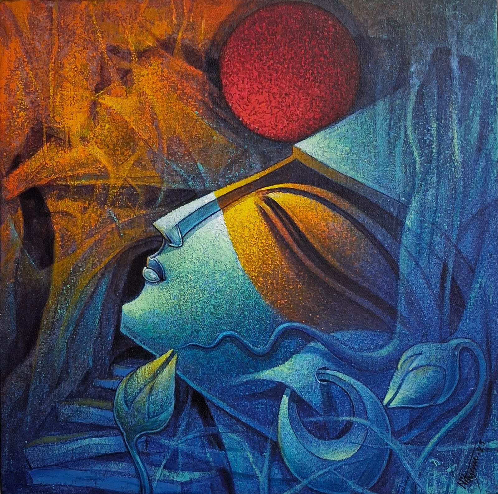 Cubism-influenced acrylic painting of a female profile with moon motif by Nityam Singha Roy