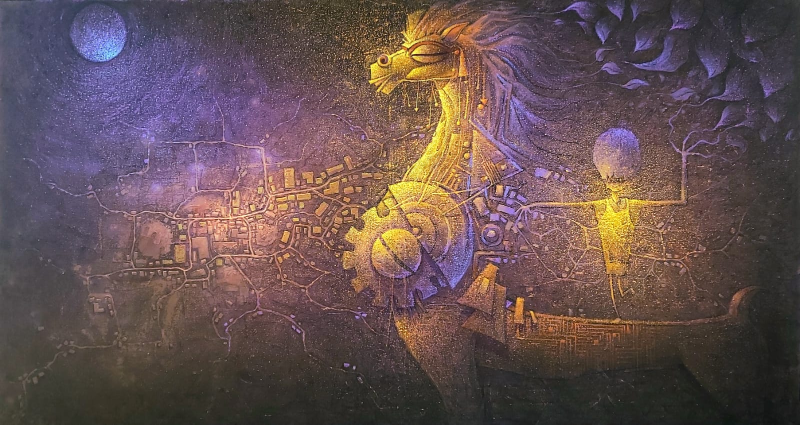 Cubism-influenced figurative acrylic painting with symbolic horse and abstract elements by Nityam Singha Roy