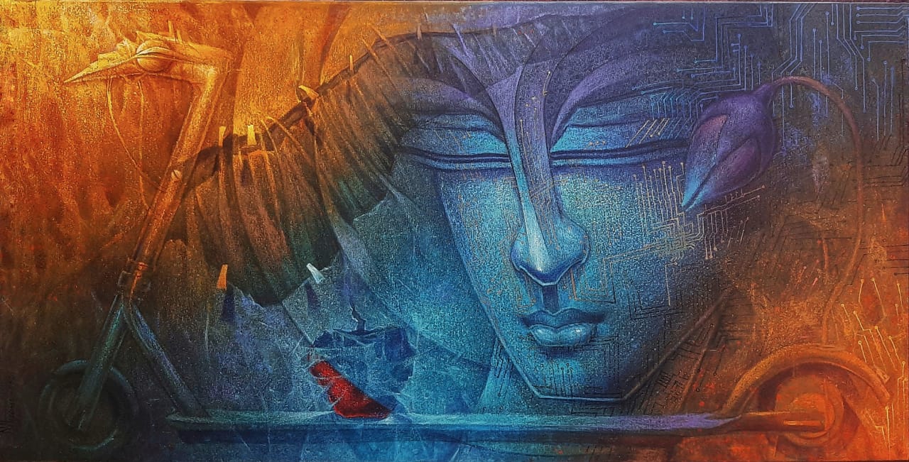 Cubism-influenced figurative acrylic painting of a stylized face with symbolic elements by Nityam Singha Roy