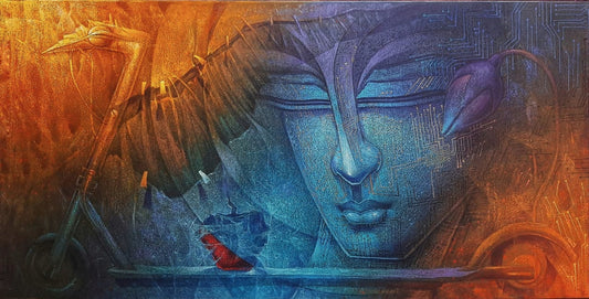 Cubism-influenced figurative acrylic painting of a stylized face with symbolic elements by Nityam Singha Roy