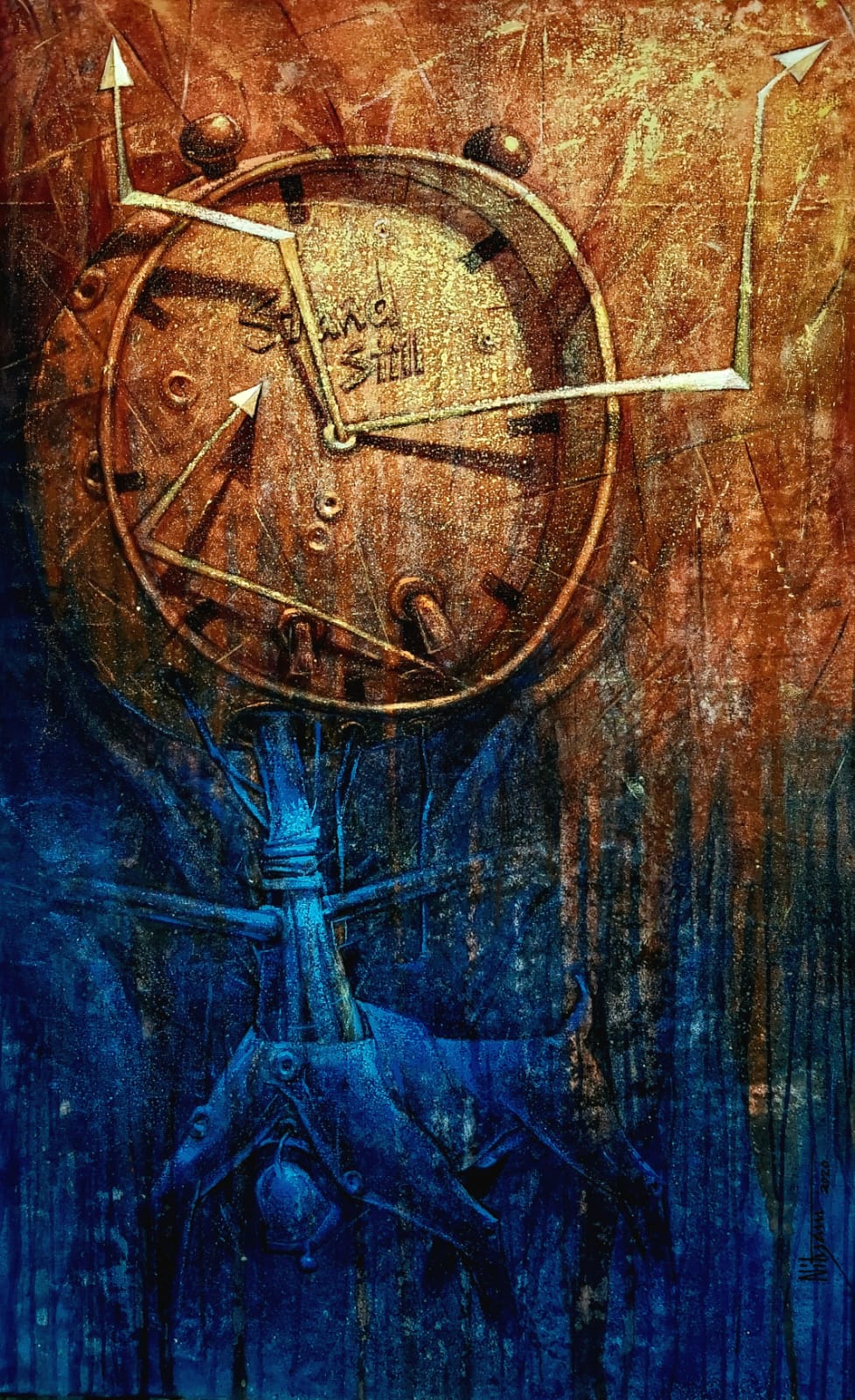 Symbolic acrylic painting of a clock with mechanical elements and animal form by Nityam Singha Roy