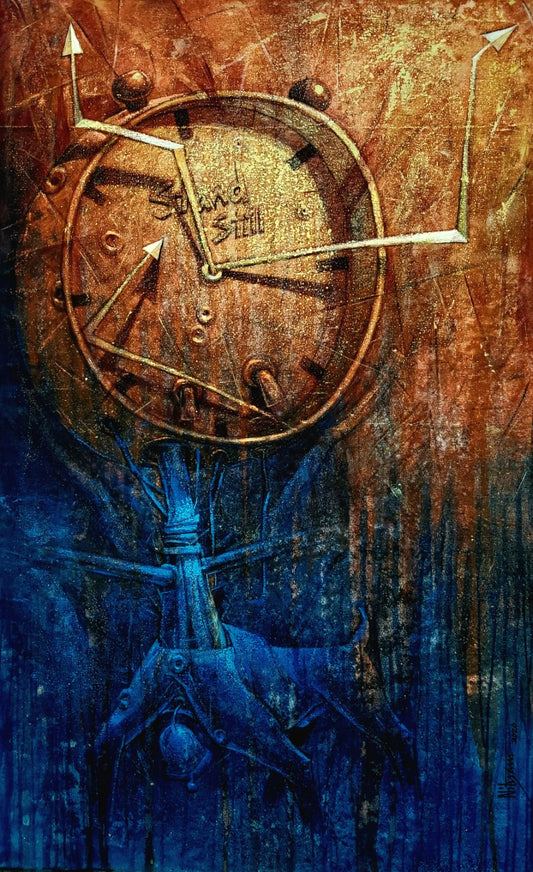 Symbolic acrylic painting of a clock with mechanical elements and animal form by Nityam Singha Roy