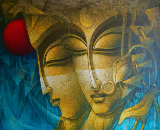 Cubism-influenced figurative acrylic painting of two stylized faces representing a couple by Nityam Singha Roy