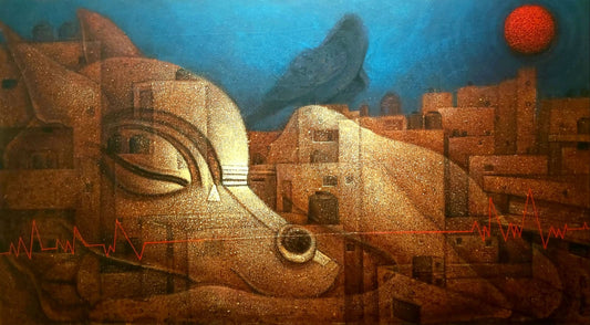 Symbolic figurative acrylic painting of a sleeping animal form integrated with cityscape by Nityam Singha Roy