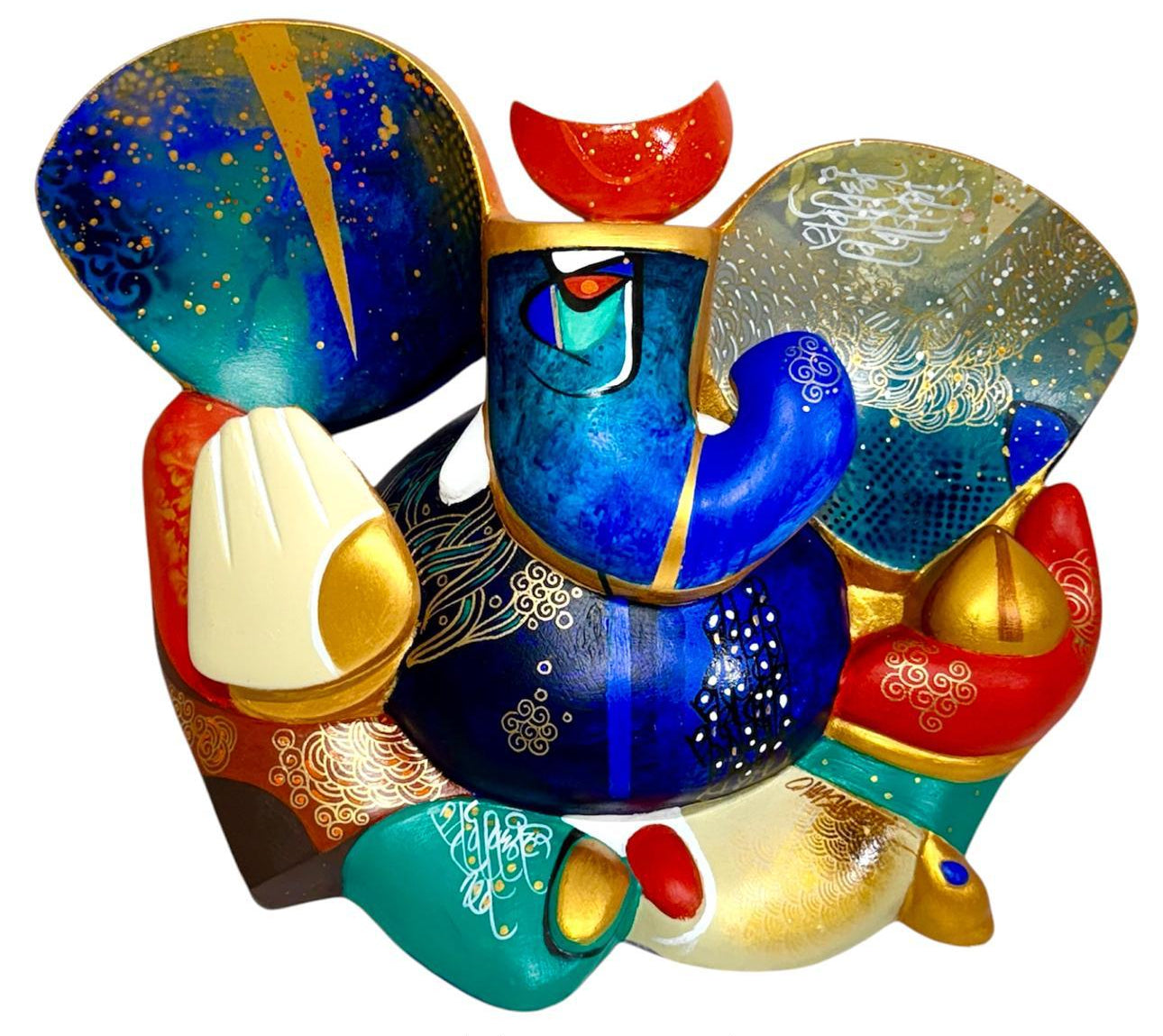 A colorful contemporary fiberglass sculpture of Lord Ganesha by Om Swami titled Abhistvaraday, featuring intricate patterns in blue, red, and gold.