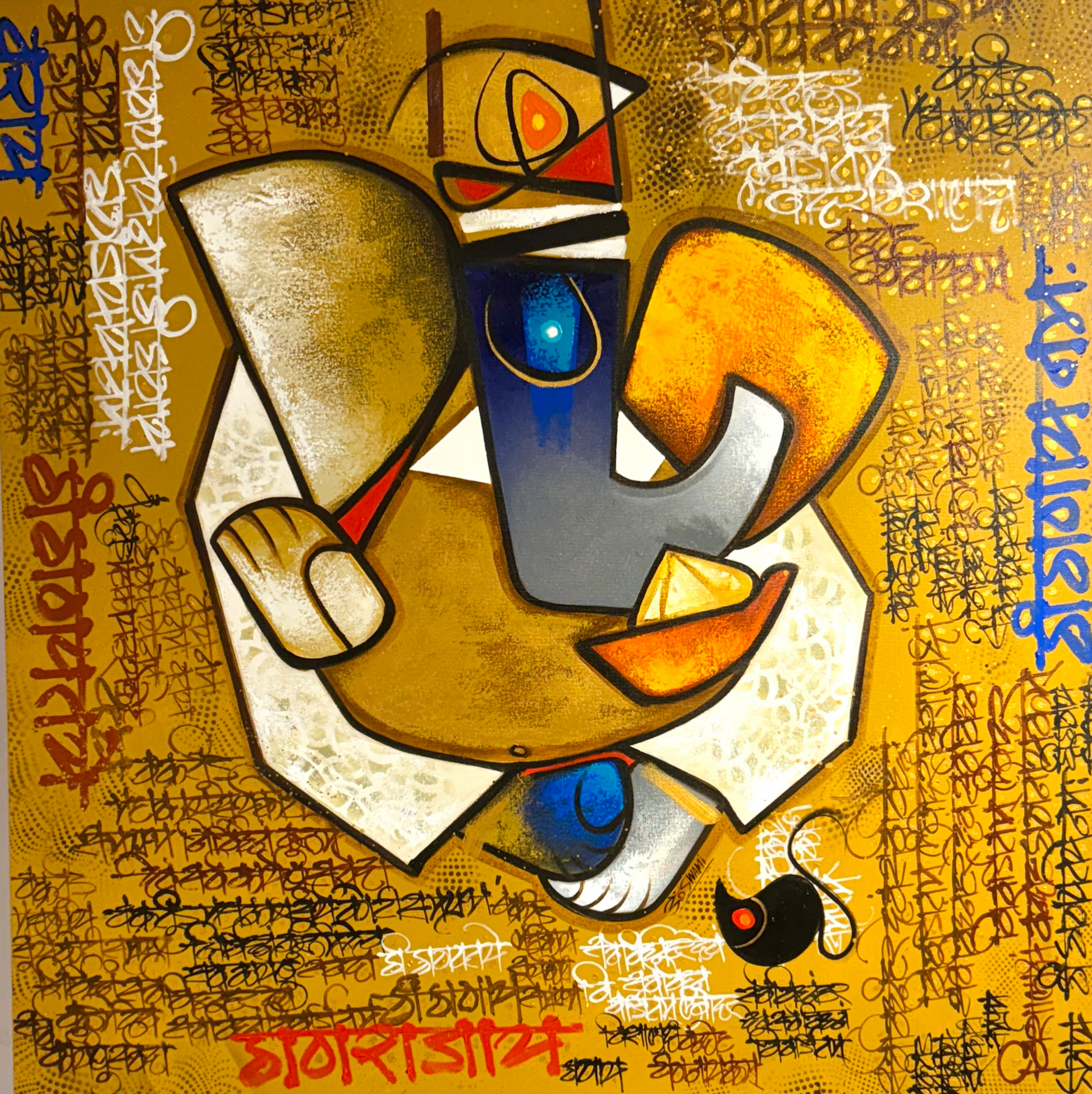 Large square contemporary painting of Lord Ganesha by Om Swami titled Sarvasiddatay, featuring a gold background with calligraphic Sanskrit shlokas and bold colors
