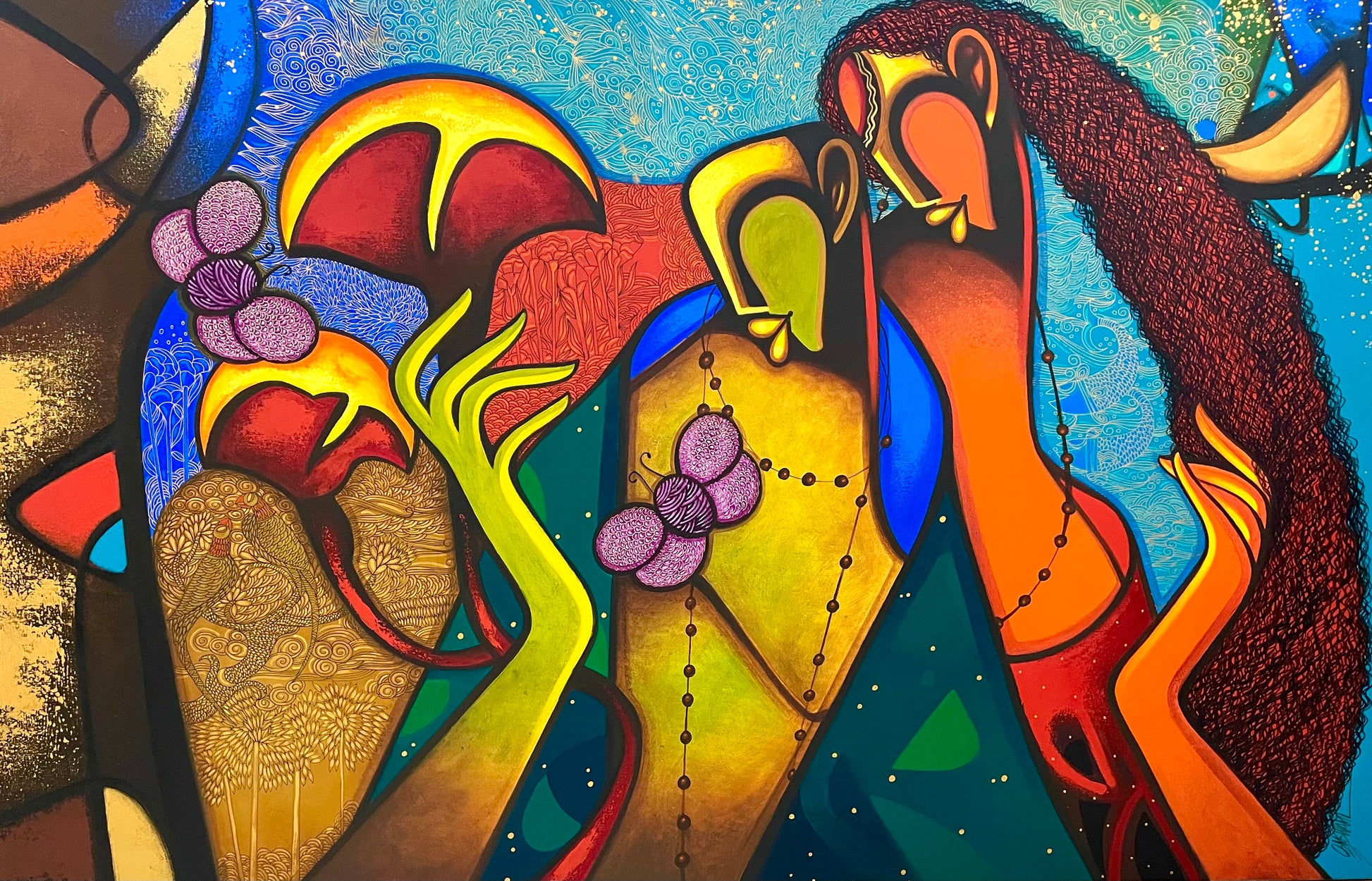 A horizontal contemporary figurative painting by Om Swami titled Splendours of Love, featuring stylized figures and musical motifs in vibrant turquoise and red.