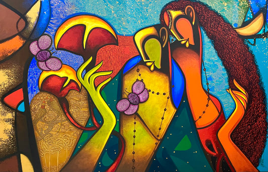 A horizontal contemporary figurative painting by Om Swami titled Splendours of Love, featuring stylized figures and musical motifs in vibrant turquoise and red.