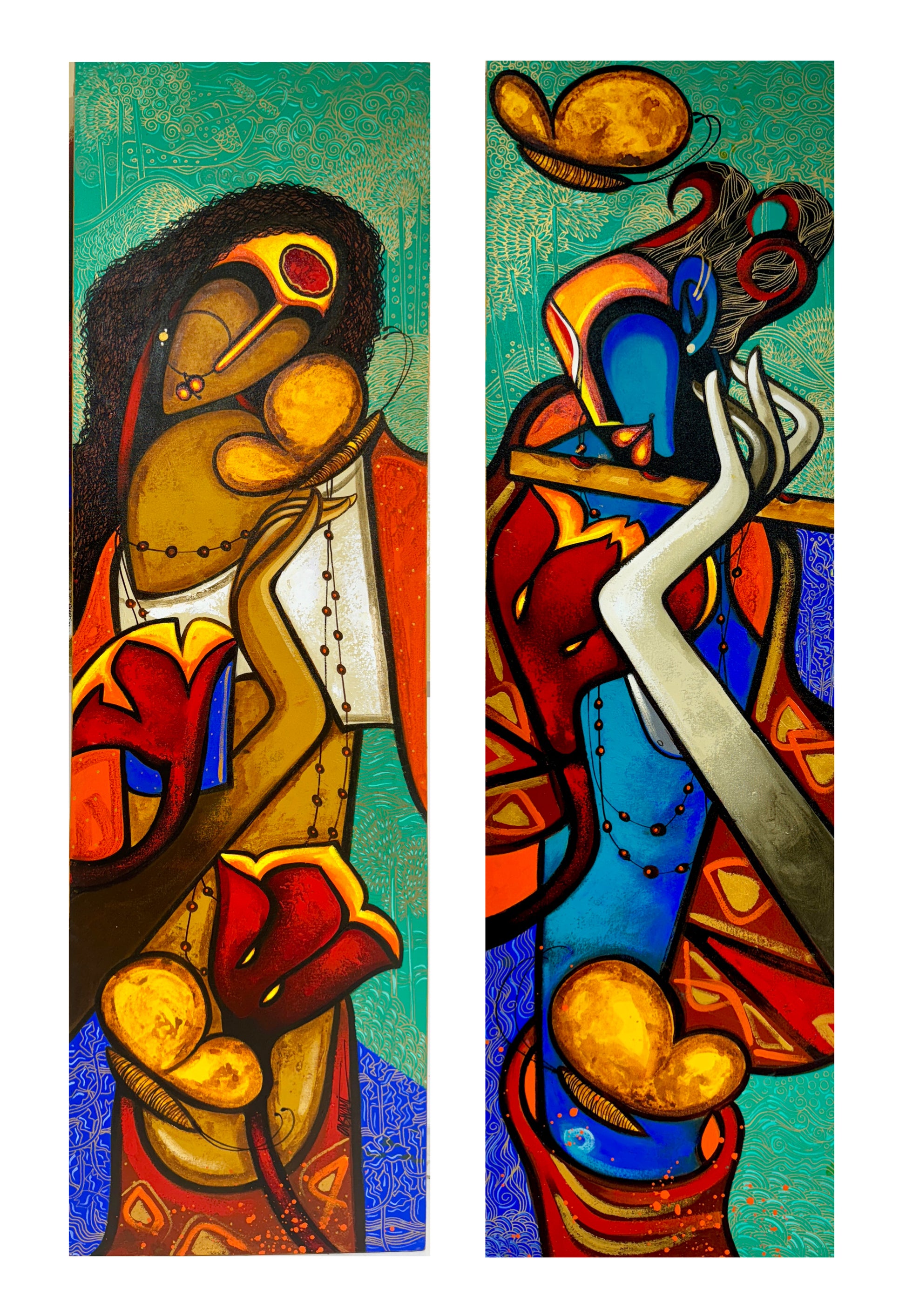 A two-panel contemporary figurative painting by Om Swami titled Splendours of Love, featuring stylized figures and musical motifs in vibrant turquoise and red.