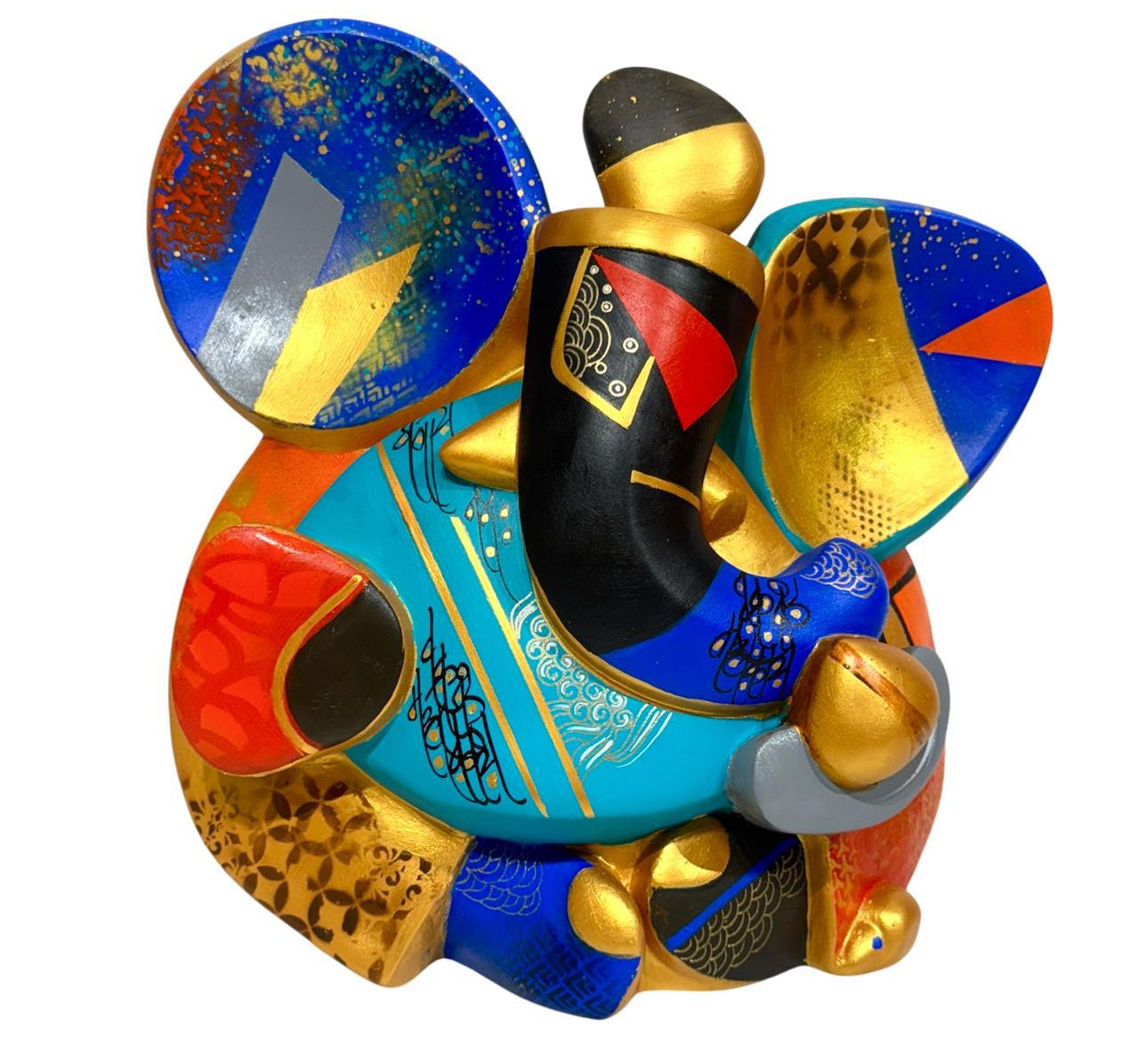 A colorful contemporary fiberglass sculpture of Lord Ganesha by Om Swami titled Vikatay, featuring intricate patterns in blue, red, and gold.