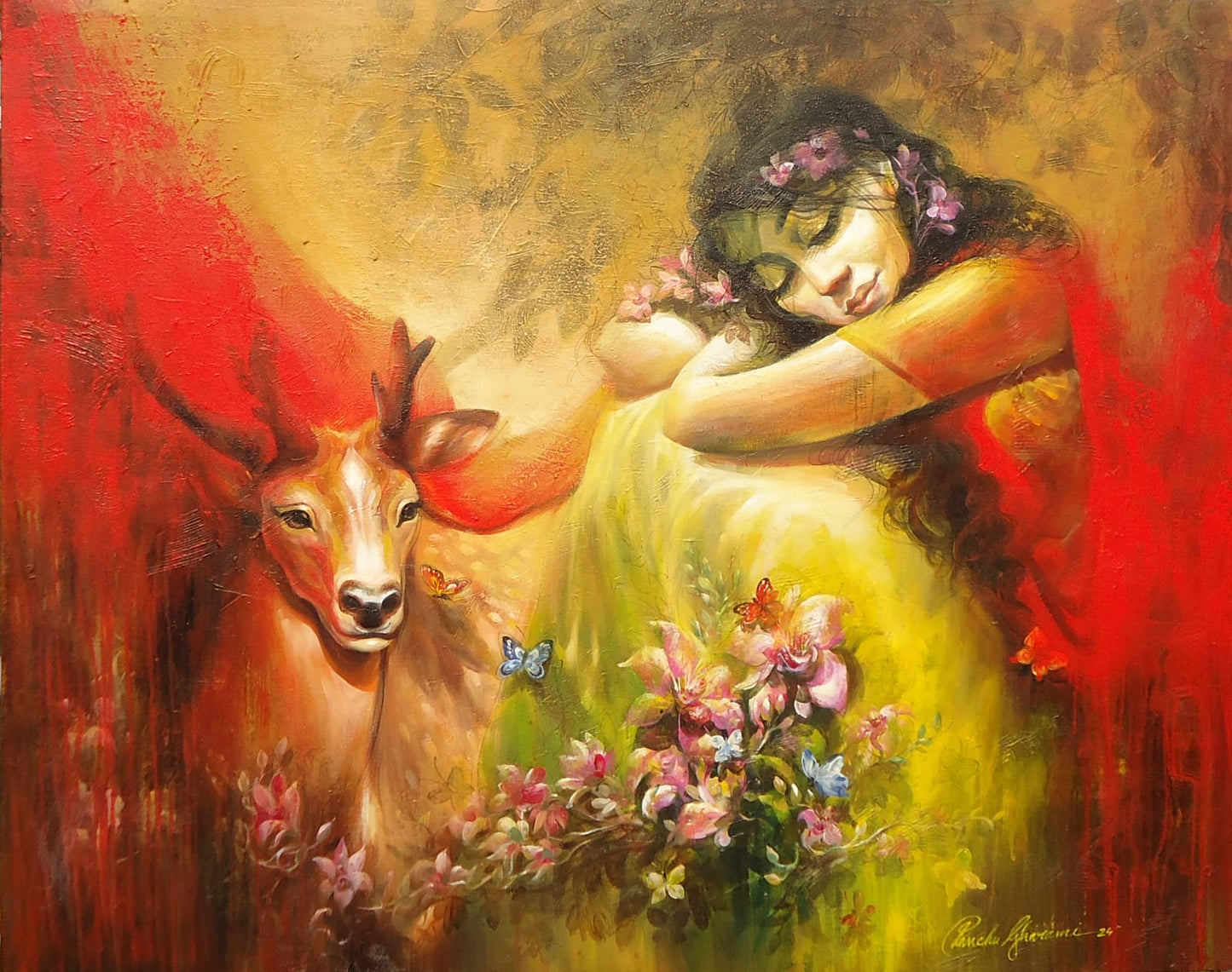 A contemporary Indian painting by Panchu Gharami titled Affection, featuring a woman resting near a deer with flowers and butterflies in warm golden and red tones. 