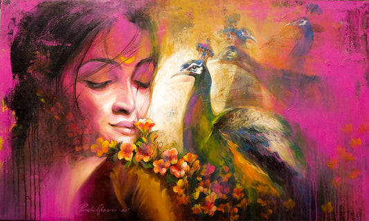 A vibrant contemporary painting by Panchu Gharami titled Emotional Attachment, featuring a woman's face in profile alongside peacocks in bright magenta and orange tones