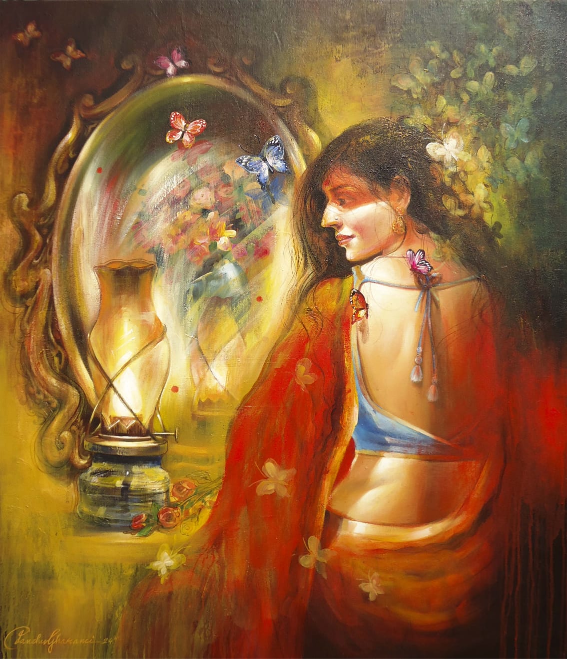 A semi-realistic painting by Panchu Gharami featuring a woman in a red and blue saree looking toward a mirror. The scene is illuminated by a warm kerosene lantern, with colorful butterflies fluttering around her and floral reflections in the mirror