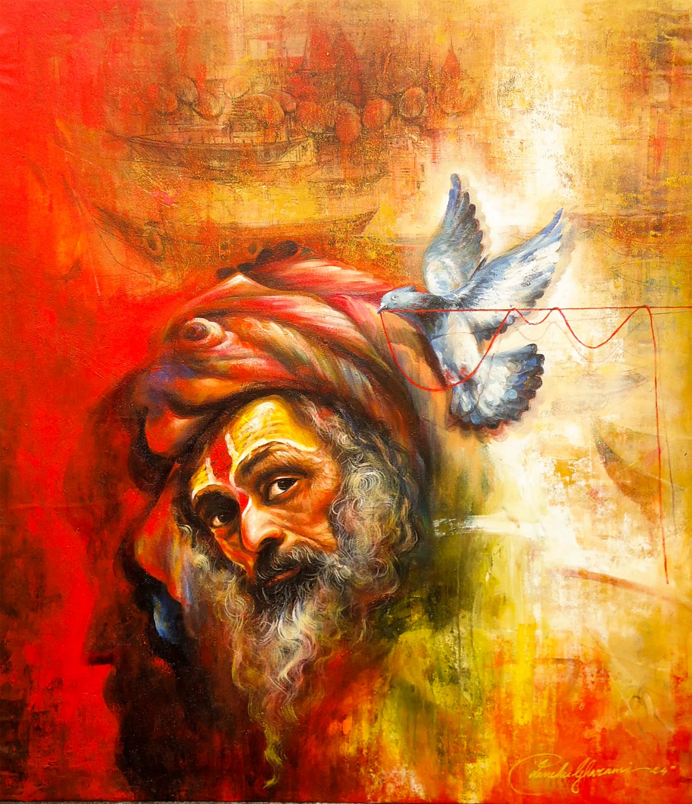 A contemporary Indian figurative painting by Panchu Gharami of a bearded Sadhu with a red turban and a white dove against a golden Banaras background
