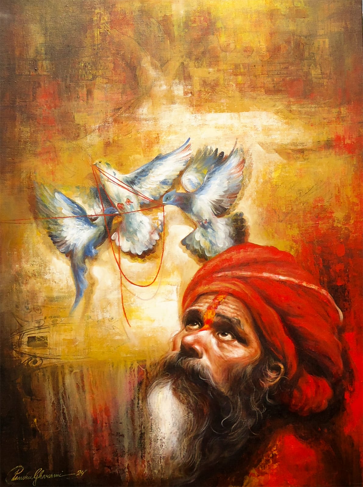 A contemporary Indian painting by Panchu Gharami featuring a bearded Sadhu in a red turban looking up at three doves tied by a red thread. 