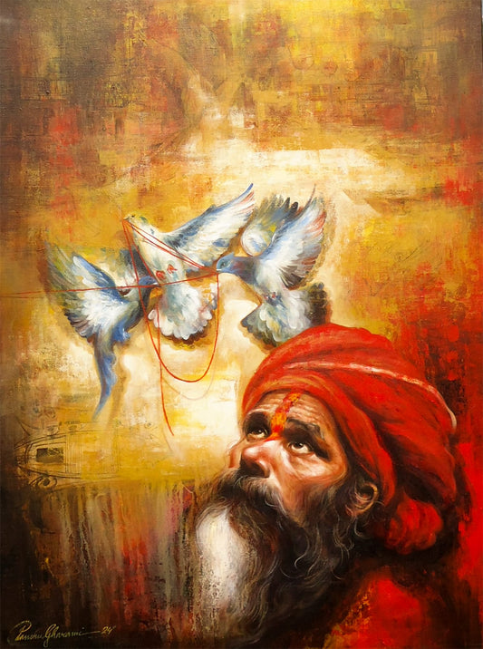 A contemporary Indian painting by Panchu Gharami featuring a bearded Sadhu in a red turban looking up at three doves tied by a red thread. 