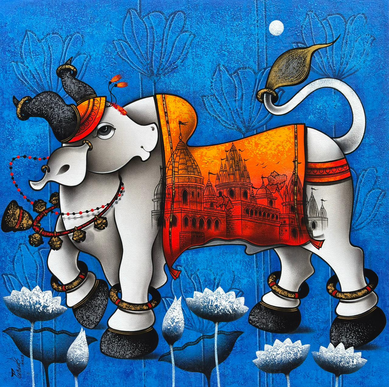 Paras Parmar square contemporary Indian painting featuring a single white stylized Nandi bull with a fiery red and orange temple-detailed saddlecloth standing over white lotuses against a heavily textured blue background under a small full moon.