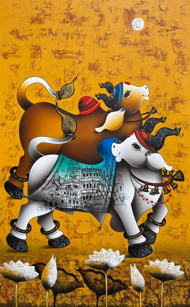Paras Parmar vertical contemporary Indian painting titled Nandi under the Full Moon, featuring two stacked white and brown stylized bulls over white lotuses against a heavily textured golden-yellow background.