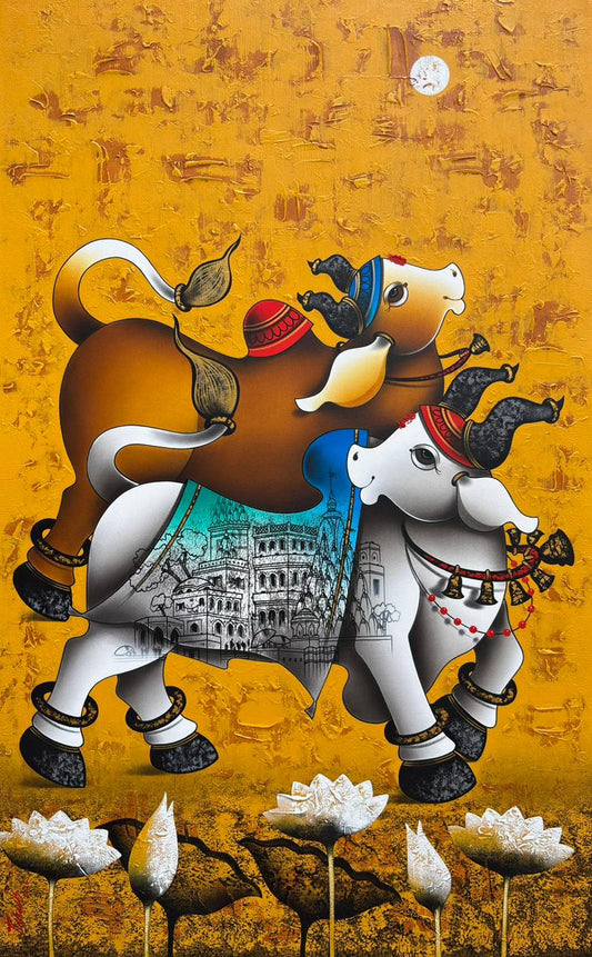 Paras Parmar vertical contemporary Indian painting titled Nandi under the Full Moon, featuring two stacked white and brown stylized bulls over white lotuses against a heavily textured golden-yellow background.