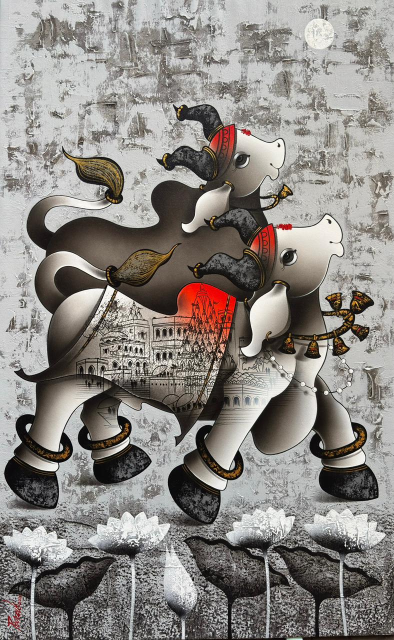 Paras Parmar vertical contemporary Indian painting titled Nandi under Nocturnal Skies, featuring a white stylized bull and a dark shaded bull stacked above white lotuses on a textured ash-grey background with a full moon.