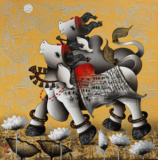 Paras Parmar vertical contemporary Indian painting featuring a white stylized bull and a dark shaded bull moving over blooming white lotuses against a heavily textured ash-grey background with a full moon