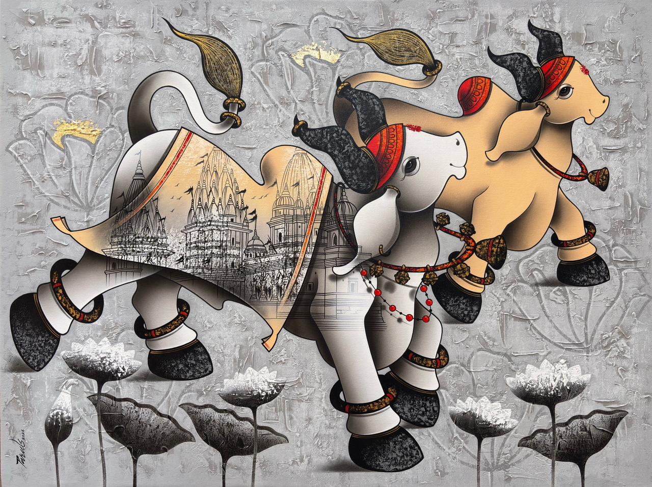 Paras Parmar contemporary Indian painting titled Nandi on Silver Canvas, featuring two stylized bulls moving above monochrome lotuses on a heavily textured silver-grey background with gold leaf accents