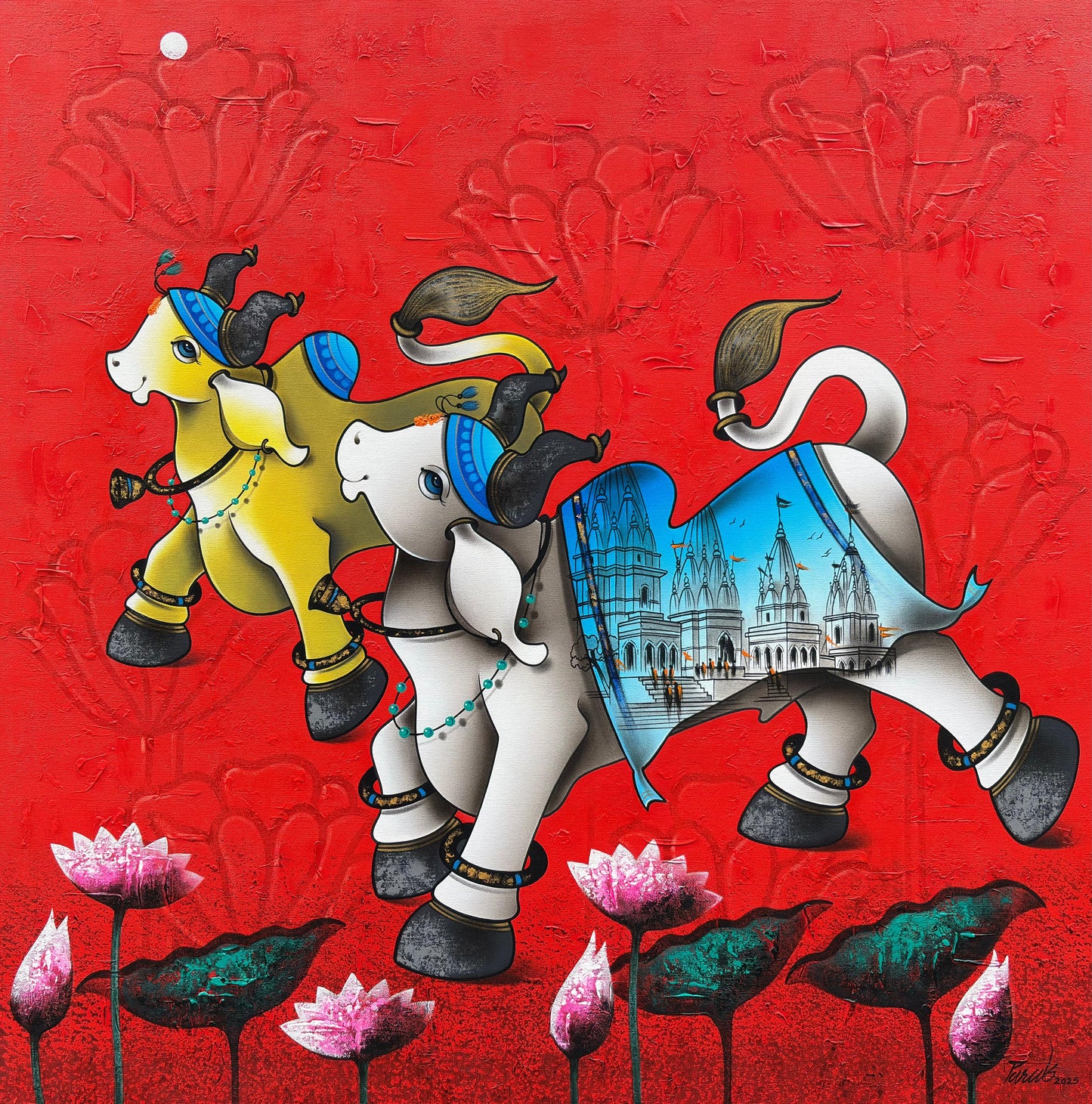Paras Parmar square contemporary Indian painting featuring a white stylized Nandi bull with a blue and red temple-detailed saddlecloth beneath two floating terracotta-colored Ganesha forms on a textured rust background