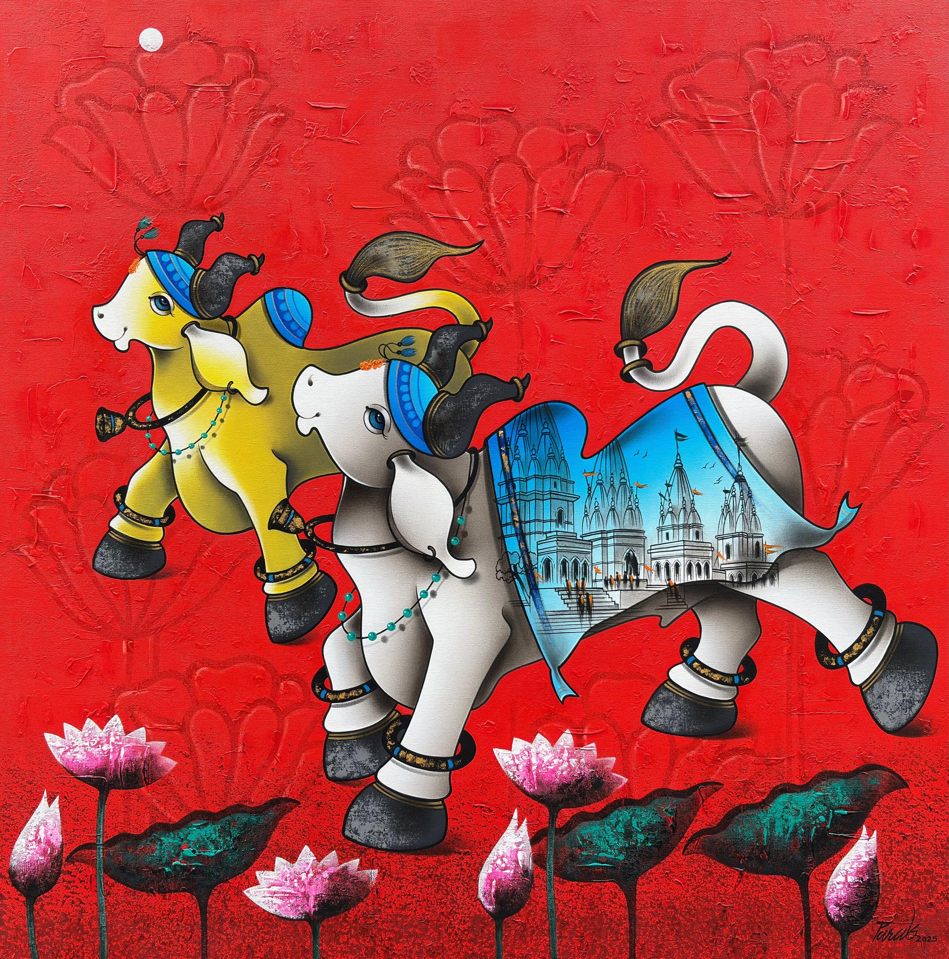 Paras Parmar square contemporary Indian painting featuring a white stylized Nandi bull with a blue and red temple-detailed saddlecloth beneath two floating terracotta-colored Ganesha forms on a textured rust background