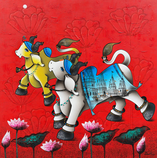 Paras Parmar square contemporary Indian painting featuring a white stylized Nandi bull with a blue and red temple-detailed saddlecloth beneath two floating terracotta-colored Ganesha forms on a textured rust background