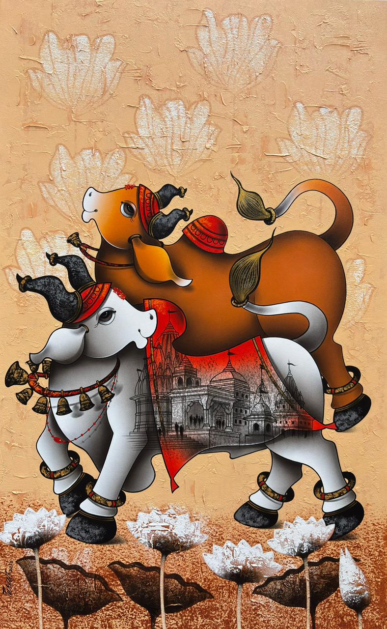 Paras Parmar vertical contemporary Indian painting titled Nandi with White Lotuses, featuring a white bull and a tan bull stacked above blooming white lotuses against a textured soft terracotta background.