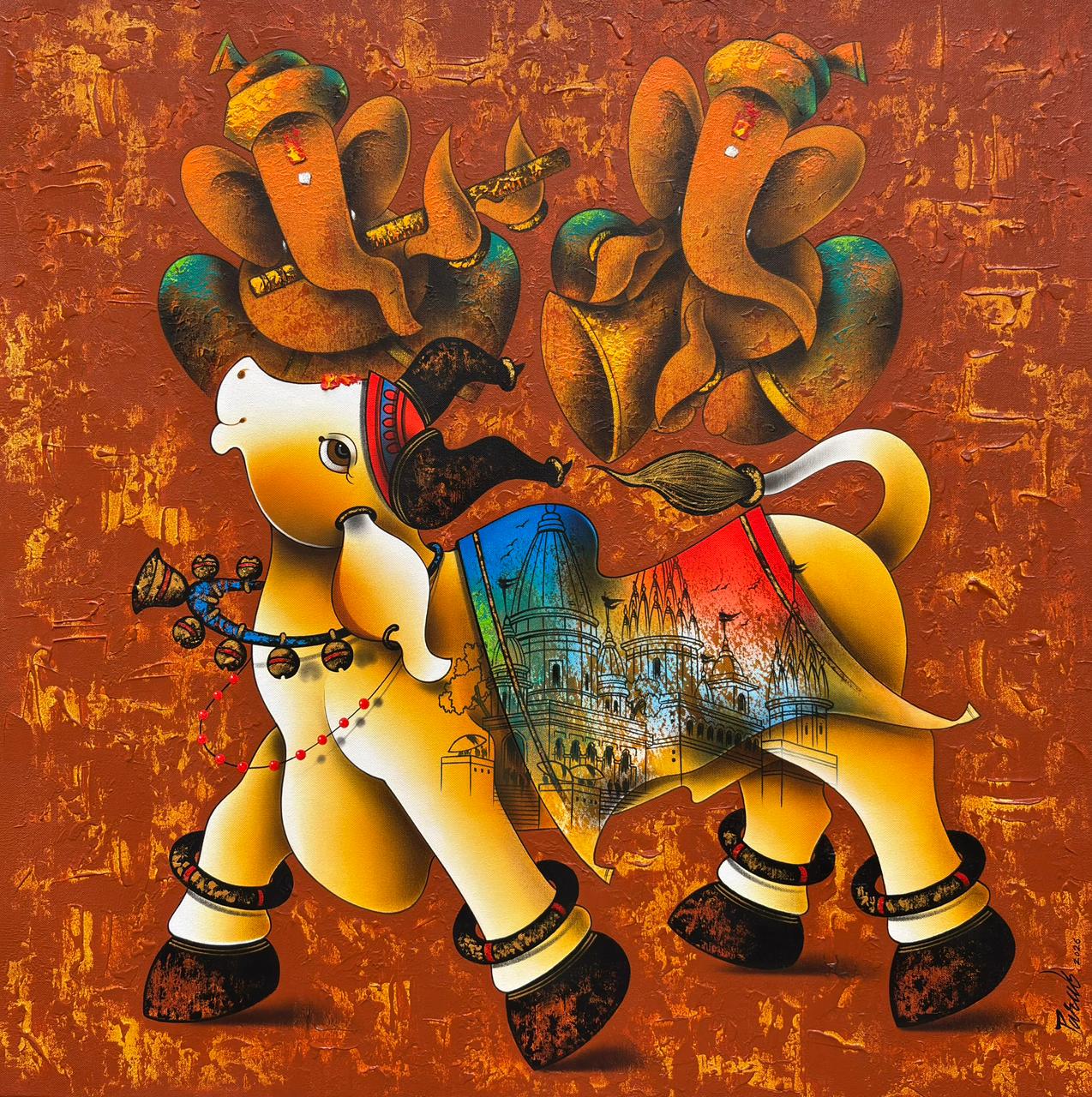 Paras Parmar square contemporary Indian painting titled Nandi under the White Moon, featuring a white bull and a dark grey shaded bull moving across white lotuses against a heavily textured golden-ochre background.