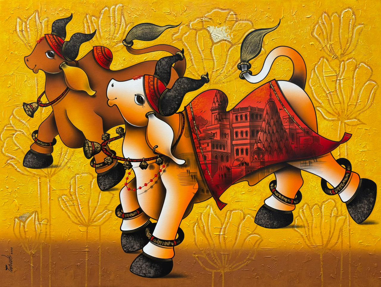Paras Parmar contemporary Indian painting titled Nandi, featuring two stylized bulls with intricate temple architecture details on a textured gold and yellow background.