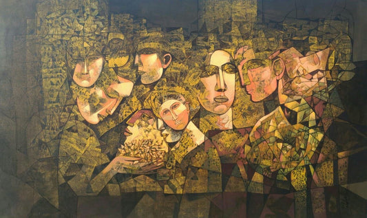 Original painting by Pulakesh Mandal titled Boundless Emotions, featuring stylized faces in a geometric, mosaic-like pattern with ochre and brown tones.