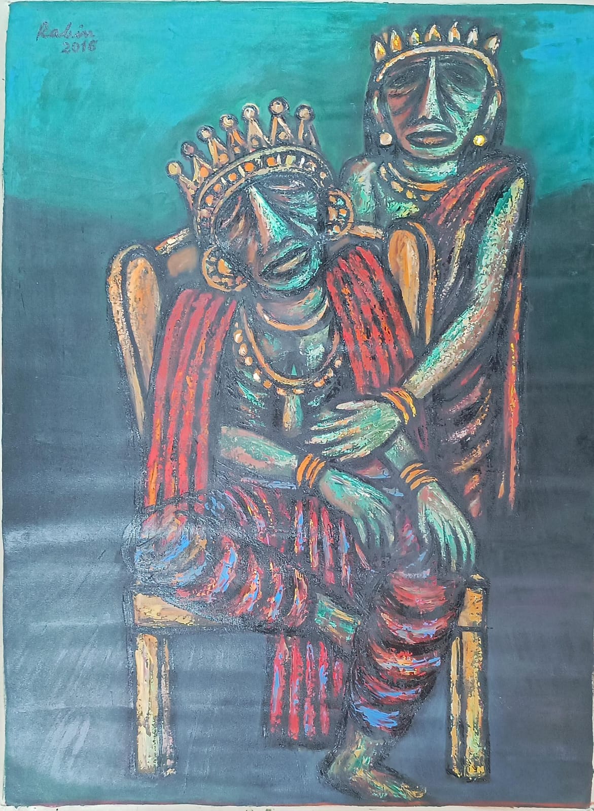 Figurative painting of a symbolic king and queen by Rabin Mondal in expressionist style