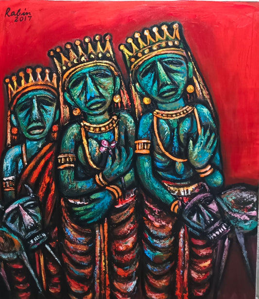 Rabin Mondal painting of three crowned figures against red background, Indian modern figurative art | Buy Online at Rasacanvas art gallery