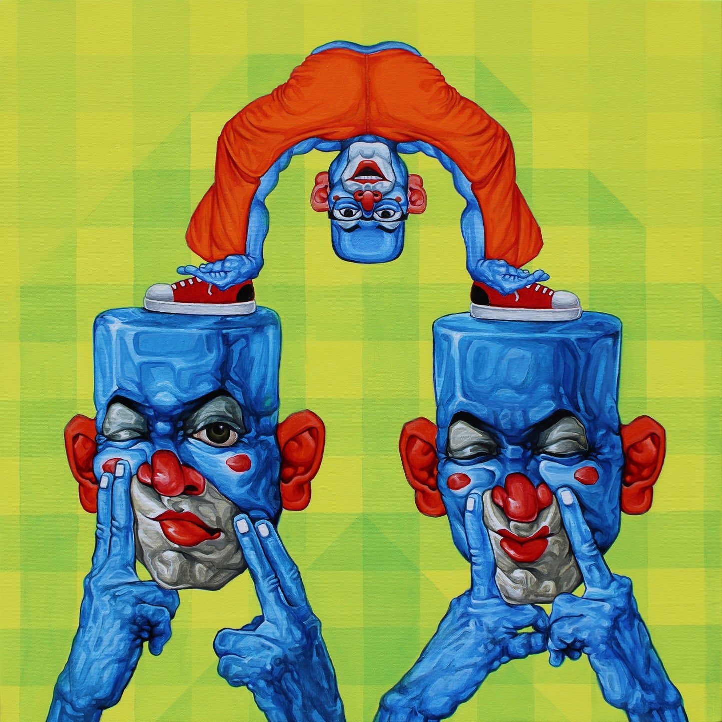 Rajendra Kapse contemporary painting titled Face to Face featuring two blue satirical heads and an upside-down acrobatic figure on a green background.