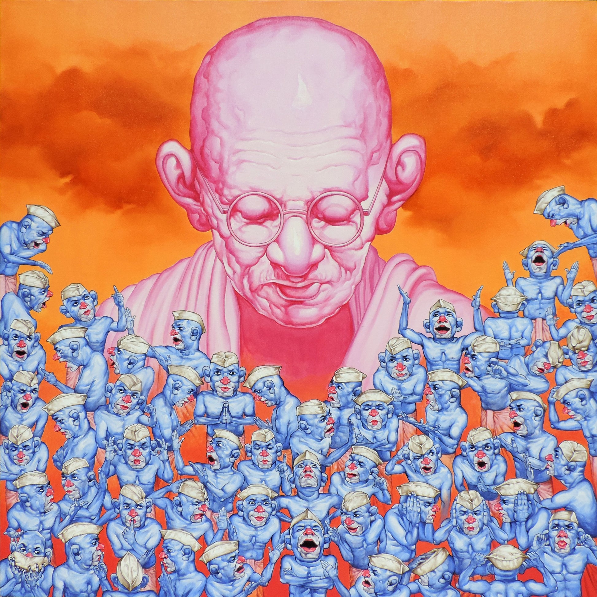 A contemporary satirical painting by Rajendra Kapse featuring a large pink portrait of Mahatma Gandhi above a crowd of small blue figures in Gandhi caps