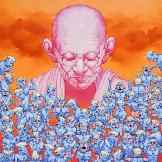A contemporary satirical painting by Rajendra Kapse featuring a large pink portrait of Mahatma Gandhi above a crowd of small blue figures in Gandhi caps
