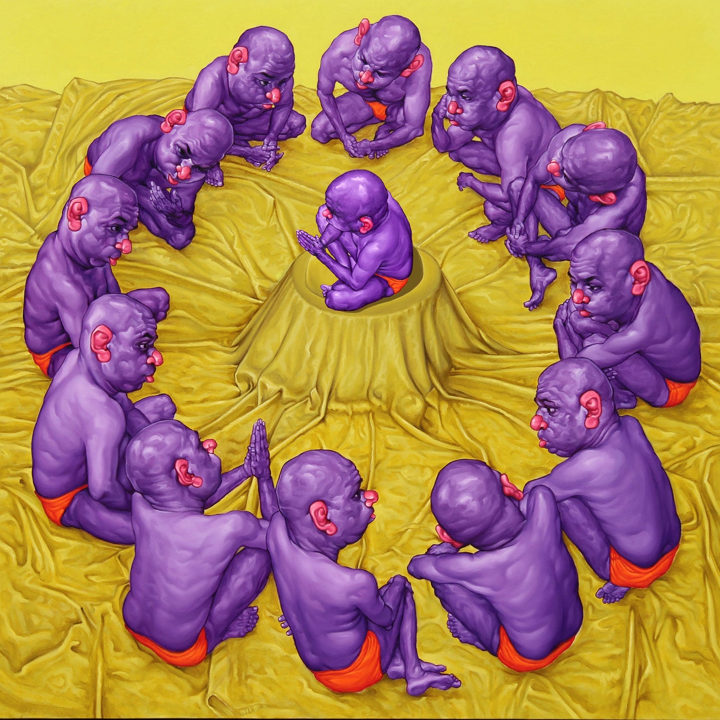 A contemporary painting by Rajendra Kapse featuring a circle of purple satirical figures sitting on yellow draped fabric.
