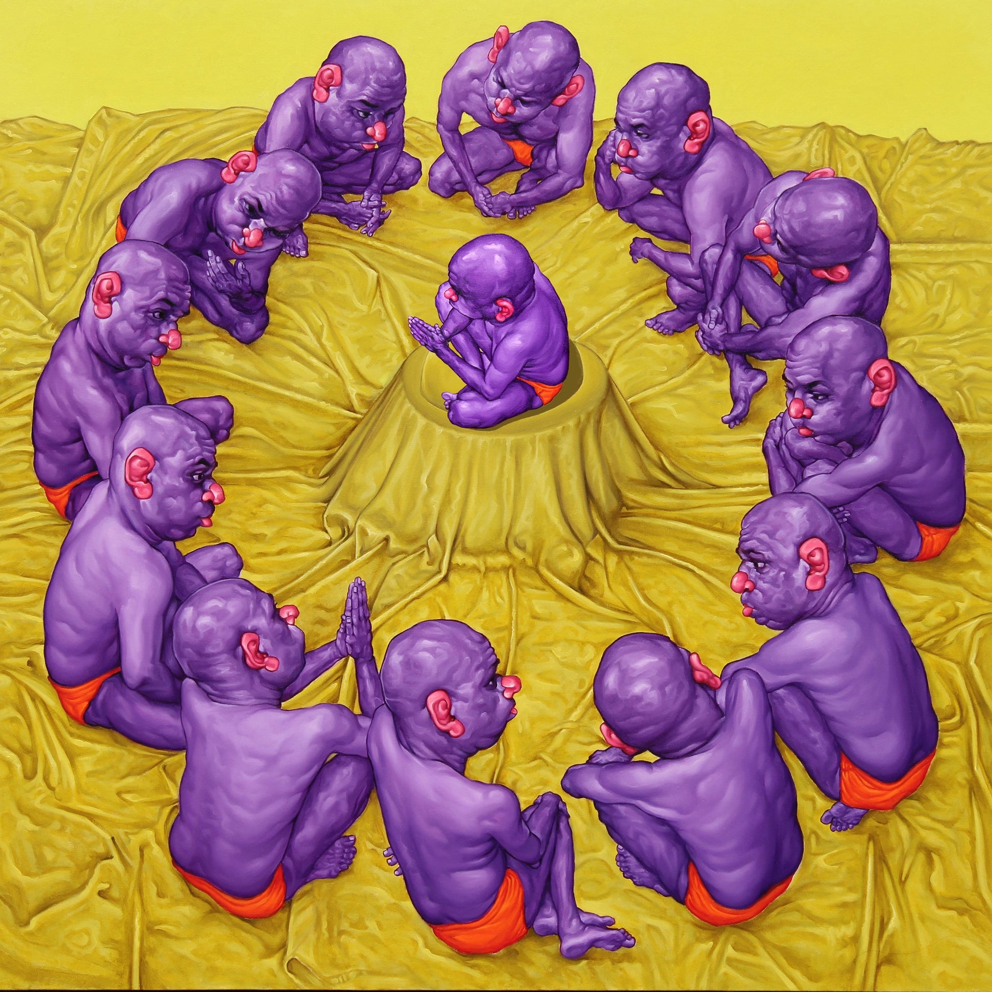 A contemporary painting by Rajendra Kapse featuring a circle of purple satirical figures sitting on yellow draped fabric.