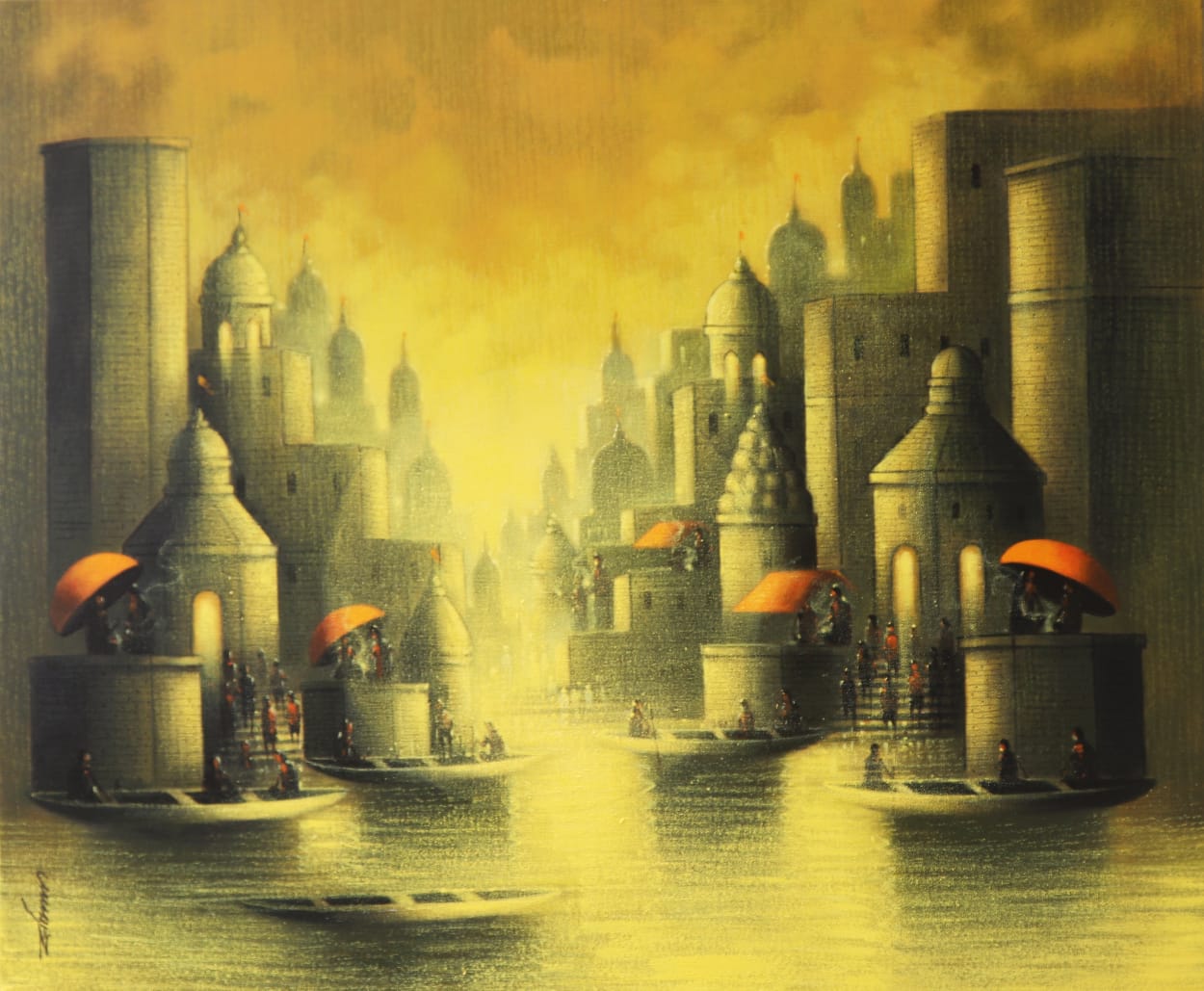 Banaras ghat painting with temples, river, and figures in golden tones by Somnath Bothe