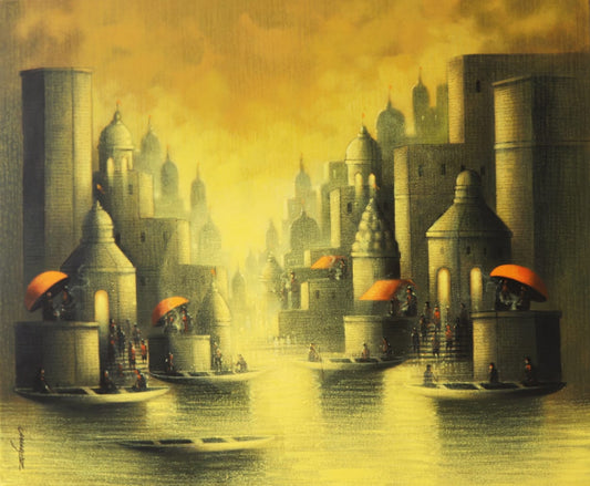 Banaras ghat painting with temples, river, and figures in golden tones by Somnath Bothe