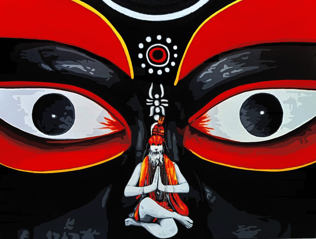 Sujit Karmakar painting of a meditating ascetic seated before large goddess eyes in red black and white composition