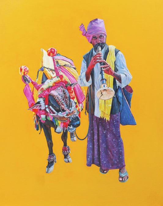 Traditional Indian musician with decorated bullock painting by Sujit Karmakar on yellow background