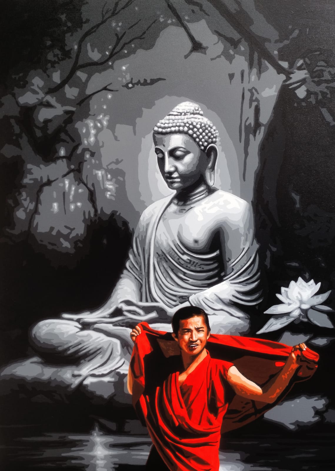 Sujit Karmakar painting of a monk in red robes standing before a seated Buddha with grayscale background and lotus element