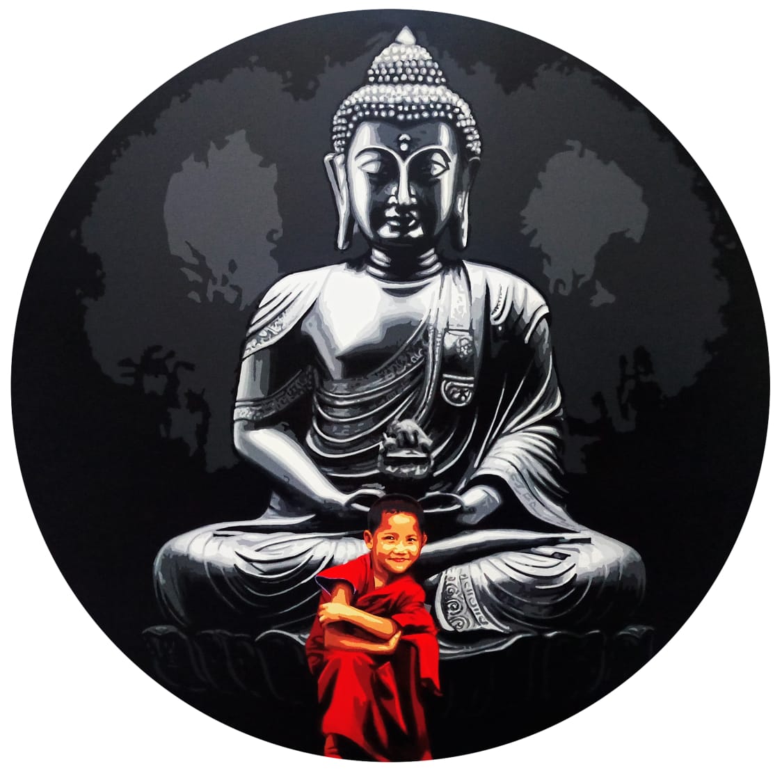 Sujit Karmakar painting of a young monk in red robes seated before a large Buddha figure in grayscale circular composition