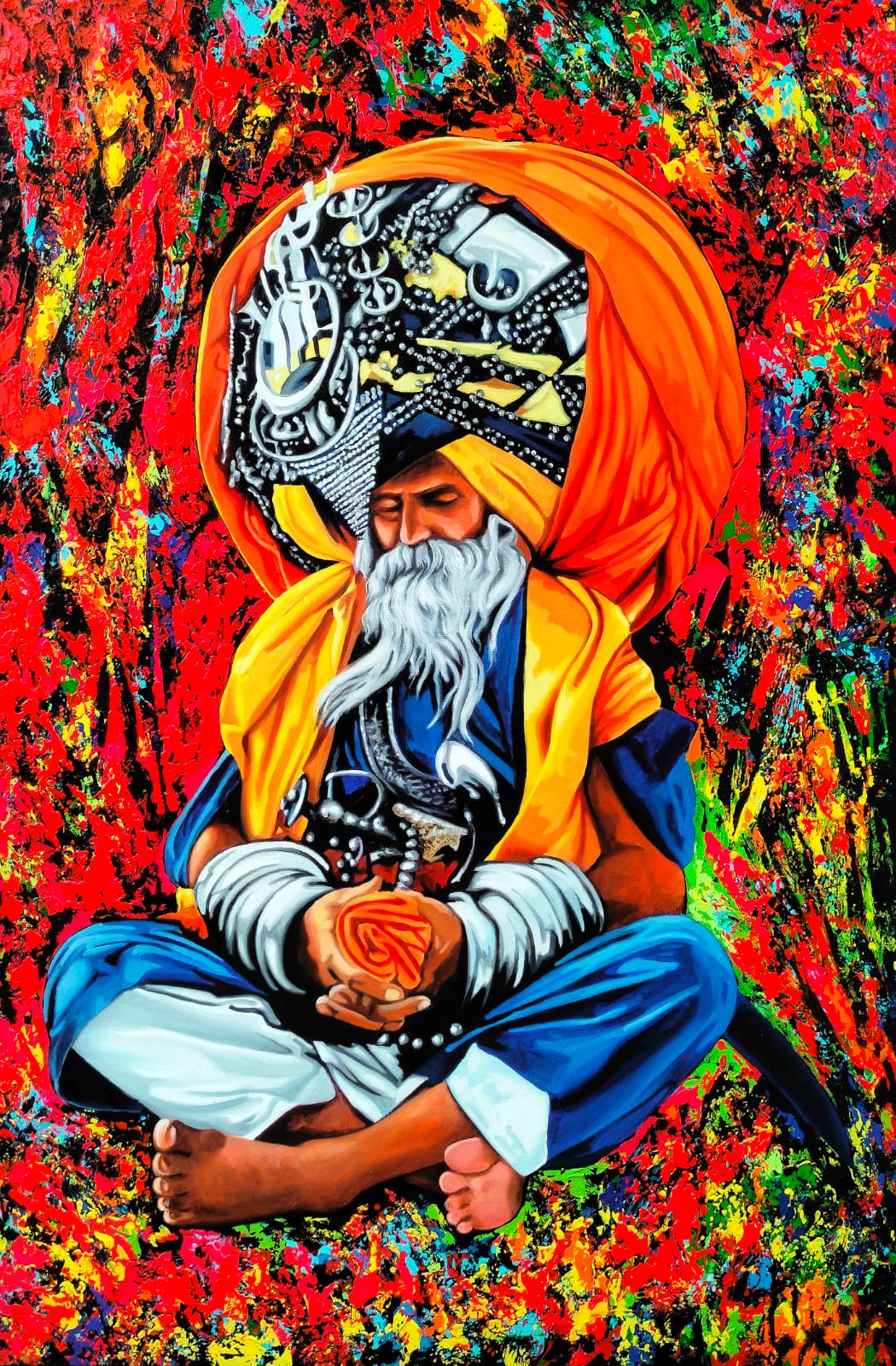 Nihang Sikh seated figure painting by Sujit Karmakar with vibrant abstract background and detailed traditional attire