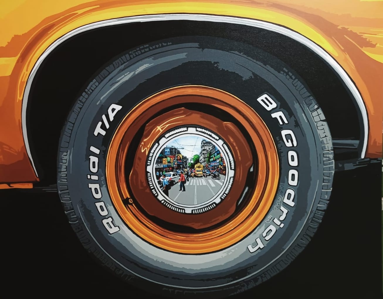 Sujit Karmakar painting of a car tyre with a detailed urban street scene visible in the center with vehicles and pedestrians