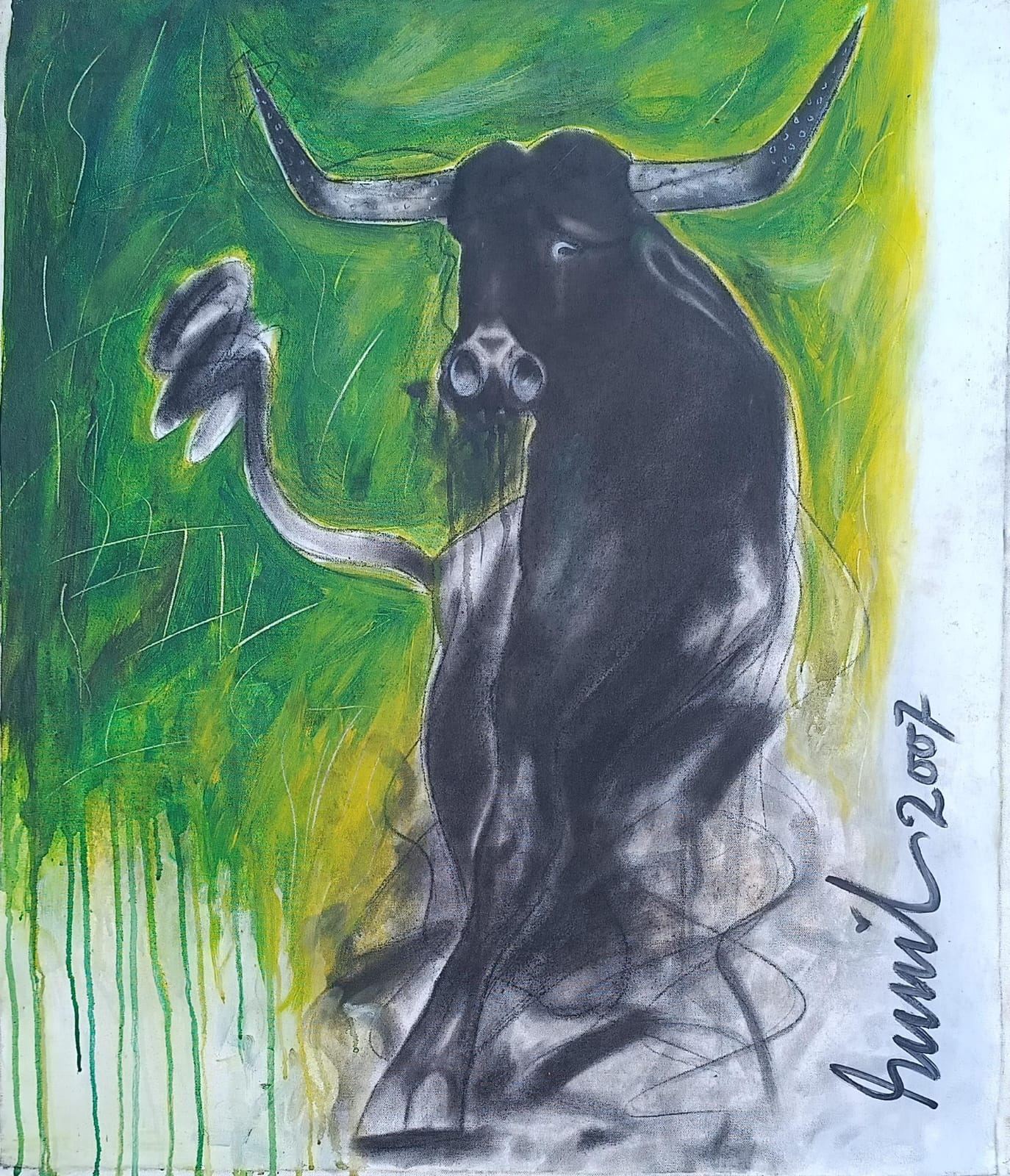 Sunil Das expressionist bull painting with black form against green background ,mixed media on canvas, Indian modern art